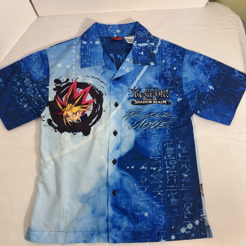 YuGiOh 1996 Shirt RARE Vintage Anime All Over Print Kids Button Up Blue Size‎ M